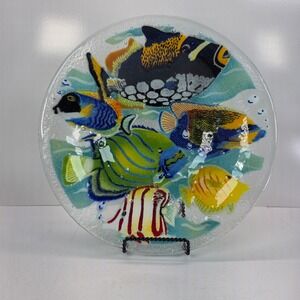Peggy Karr Art Glass Tropical Fish Fused Glass Bowl Round Marine Life Signed